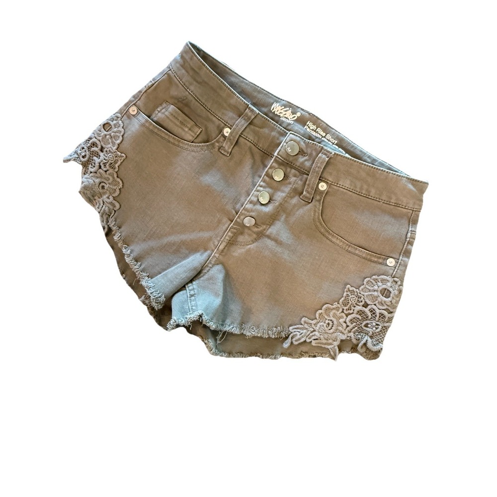 Mossimo Green Denim Lace Shorts 4/27 Super Stretch Button‎ Fly Bootie Cheeky